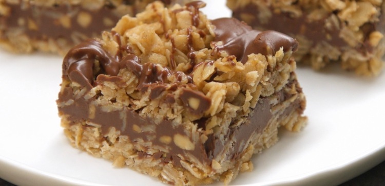 Close-up of no-bake chocolate oat bar on white plate