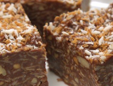 Close-up of no-bake peanut butter chocolate coconut bars