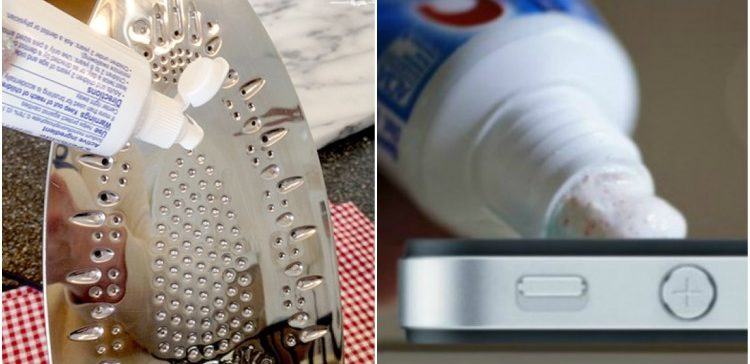 Toothpaste cleaning an iron and a phone.