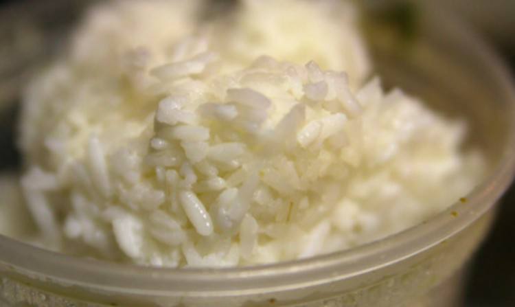 close-up of rice in a glass dish