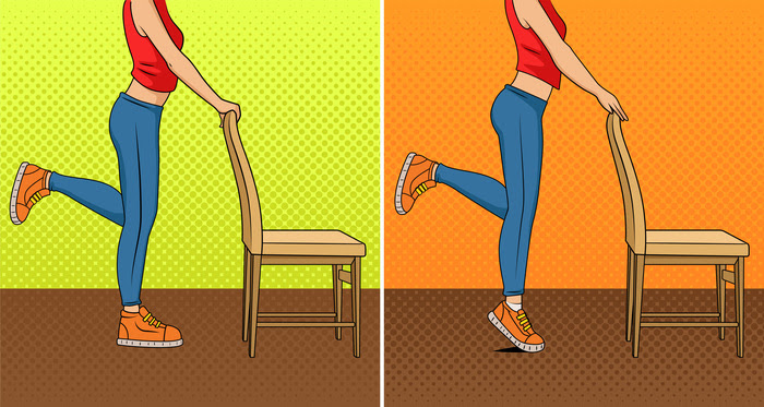 Illustration of woman doing heel stretches behind chair