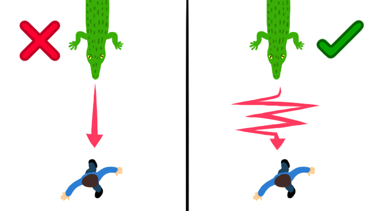 Illustration of a crocodile chasing a human