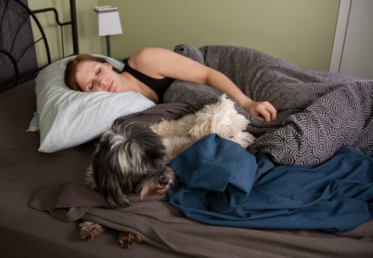 Image of woman sleeping with dog