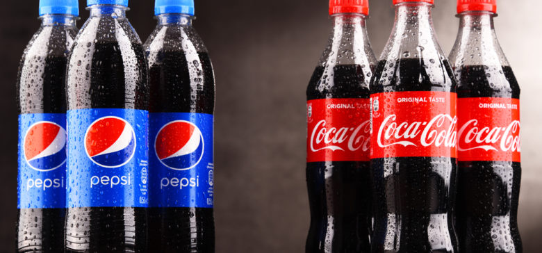 Image of Bottles of carbonated soft drink Coca Cola and Pepsi