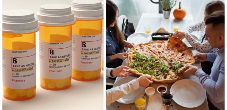 Split image of drug bottles and people eating pizza