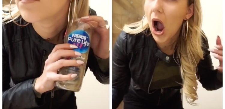 Image of woman doing blowthebottle challenge.