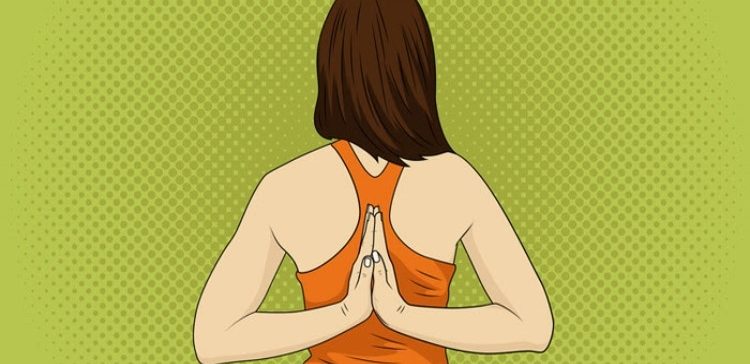 Drawing of reverse prayer yoga pose.