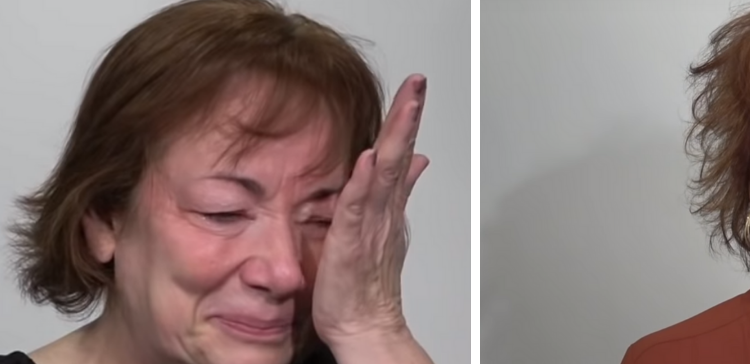 Split image of woman crying