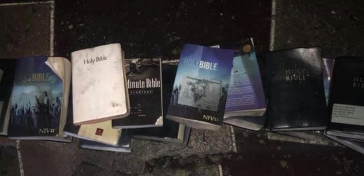 Bibles in a burnt church.