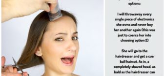 Split image of girl shaving head and message