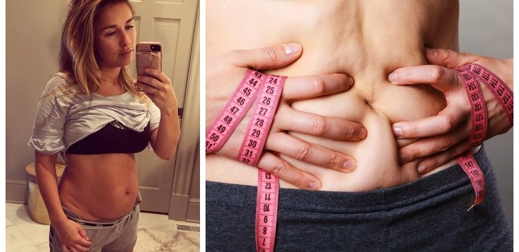 Split image of Jessie James Decker after birth and belly pooch