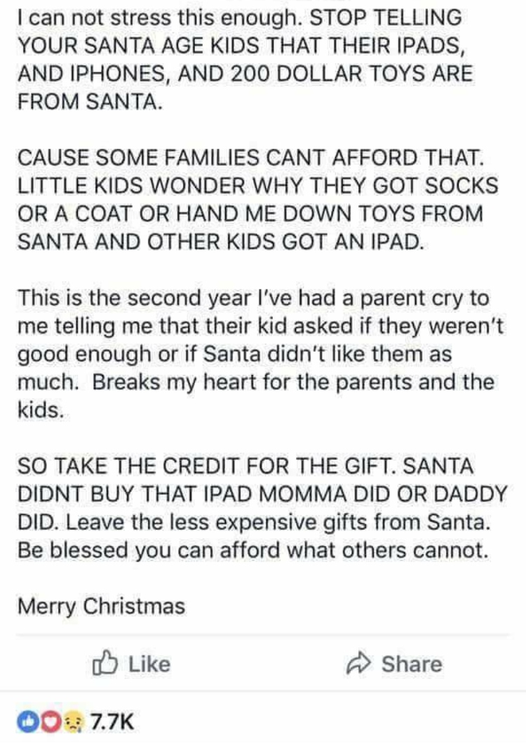 Why Some People Want Parents To Stop Saying Expensive Gifts Came From Santa